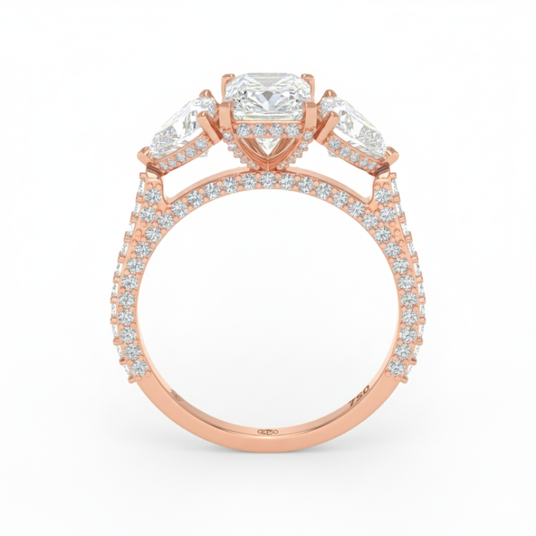 Victoria Radiant Cut Diamond Engagement Ring with Heart Cut Side Diamonds and 3D Diamond Band