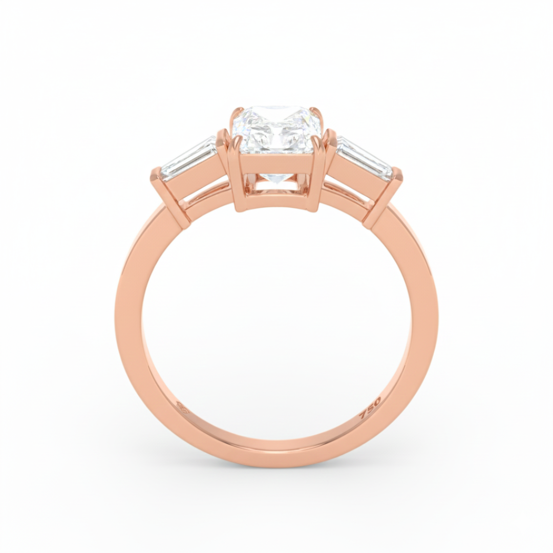 Bague de fiançailles Mary en diamant taille radiant avec diamants latéraux taille baguette effilée