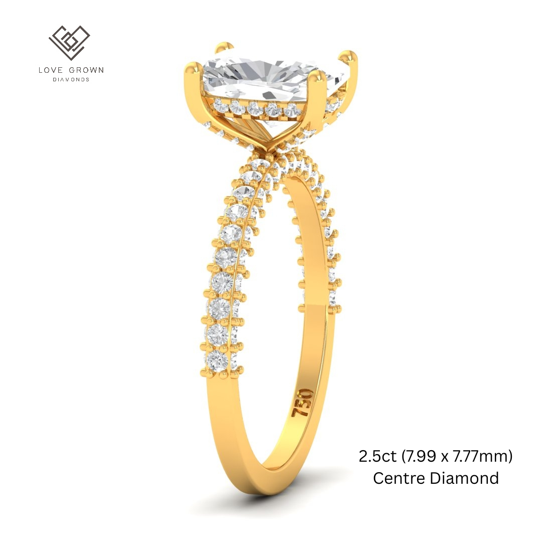 Mia Cushion Cut Diamond Engagement Ring with Diamond Hidden Halo and 3D Diamond Band