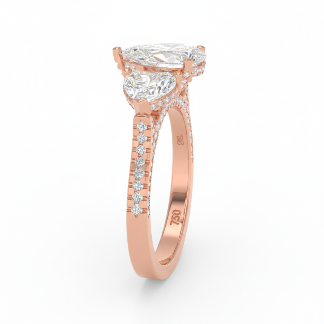 Victoria Pear Cut Diamond Engagement Ring with Heart Cut Side Diamonds and 3D Diamond Band