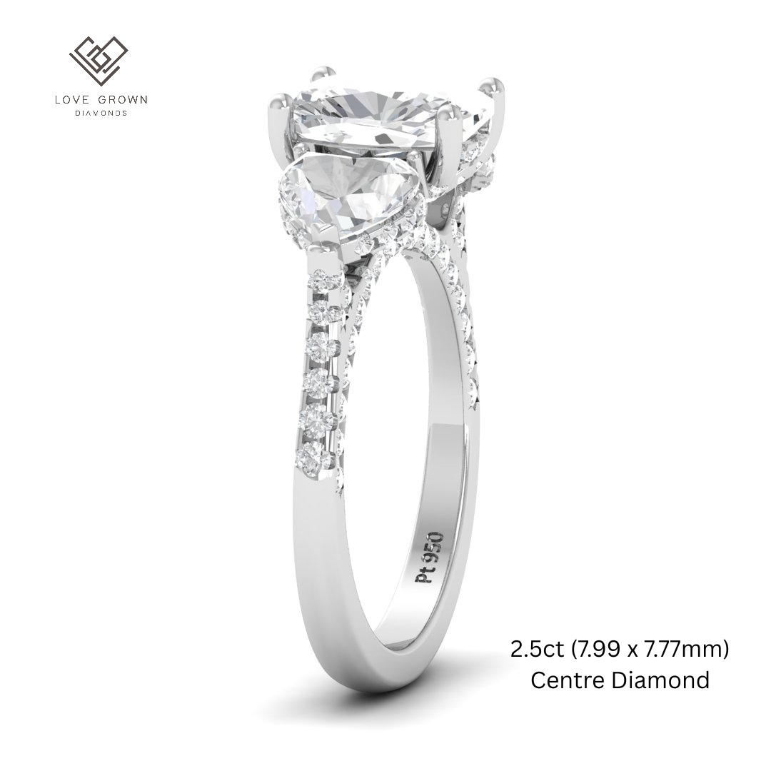 Victoria Cushion Cut Diamond Engagement Ring with Heart Cut Side Diamonds and 3D Diamond Band