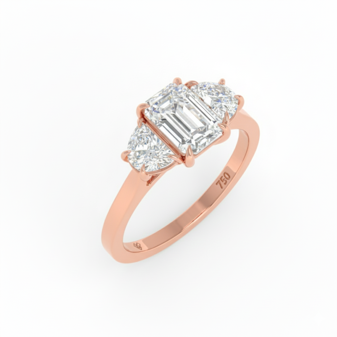 Kamala Emerald Cut Diamond Engagement Ring with Half Moon Cut Sides Diamonds
