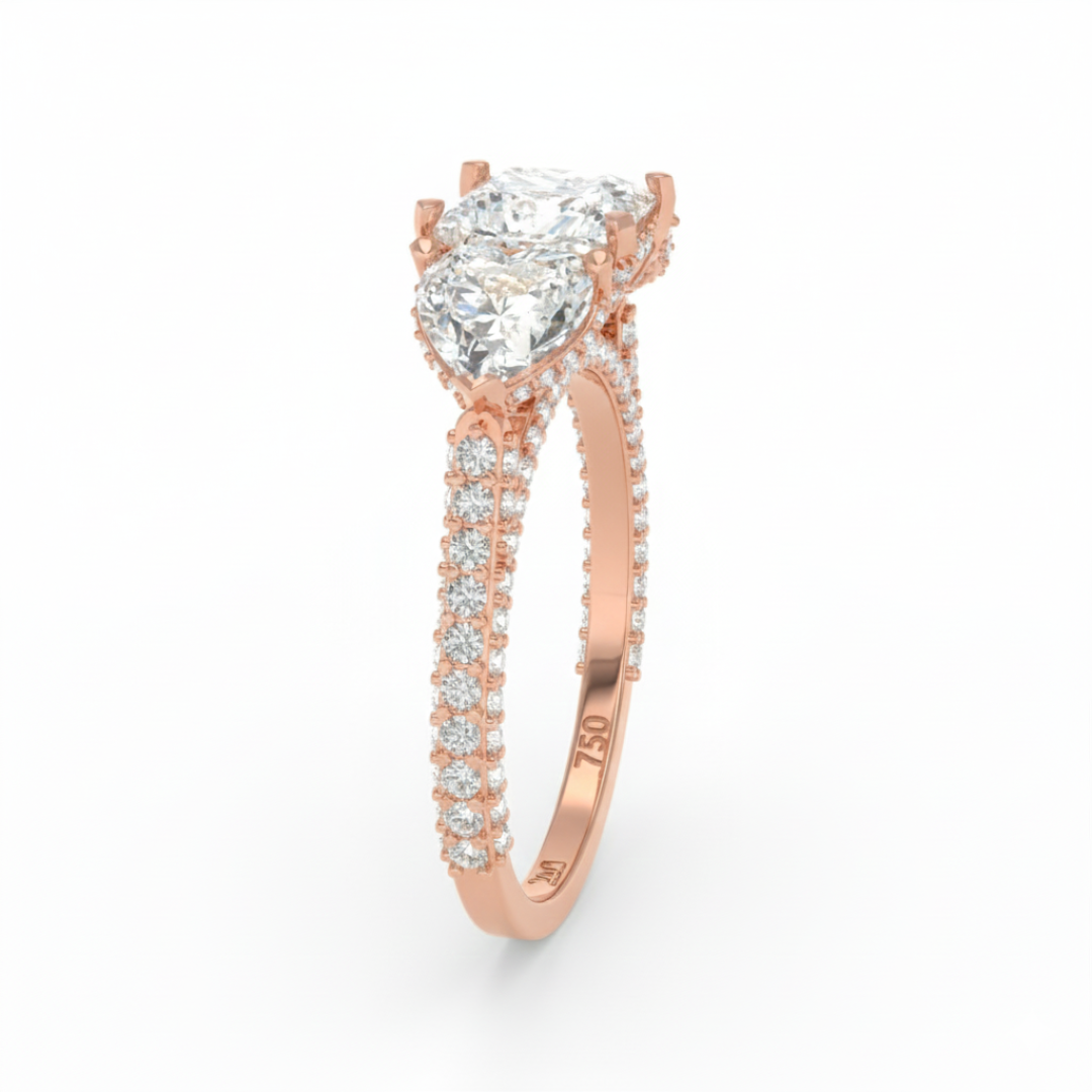 Victoria Princess Cut Diamond Engagement Ring with Heart Cut Side Diamonds and 3D Diamond Band