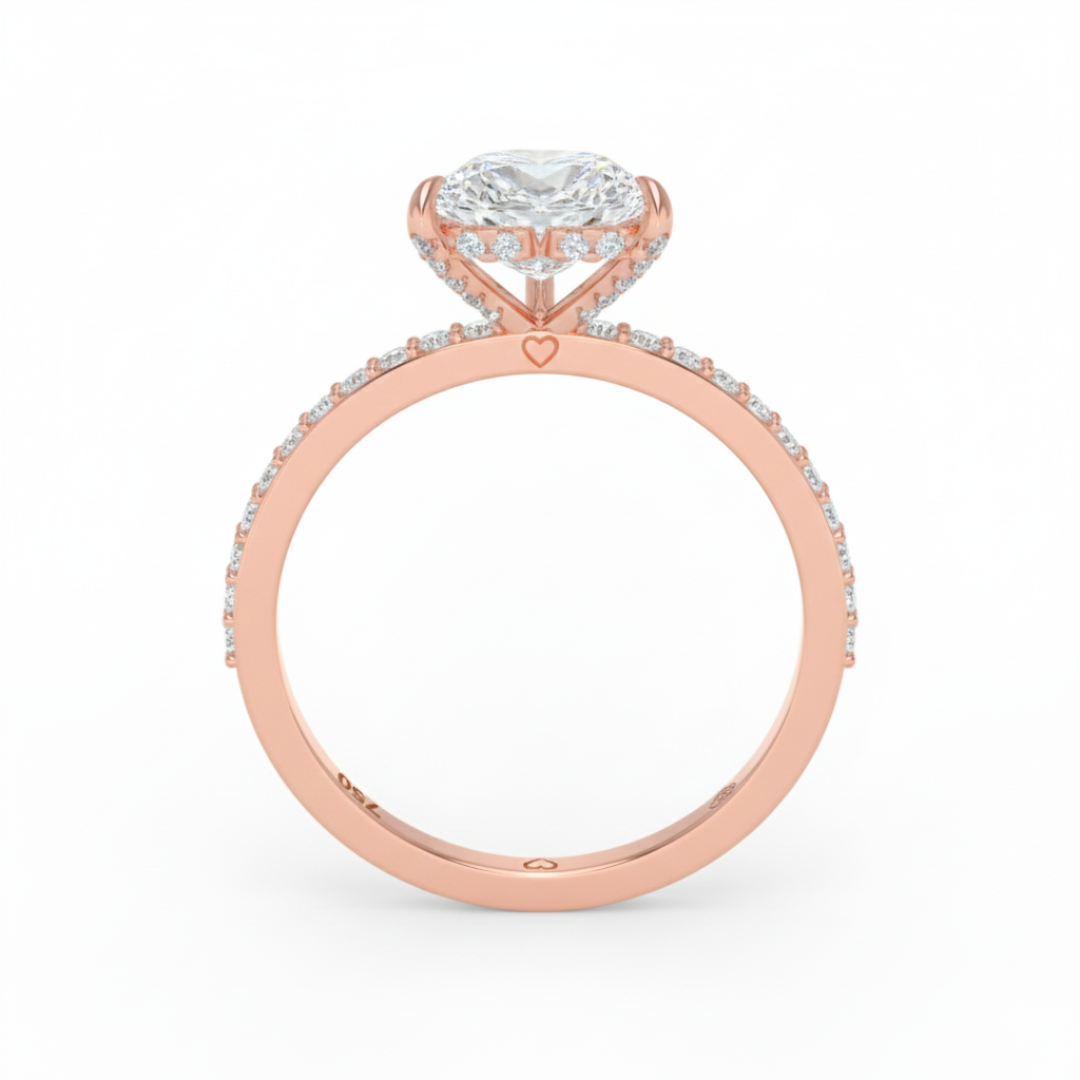 Bague de fiançailles Mia en diamant taille cœur avec halo de diamants cachés et anneau en diamant 3D