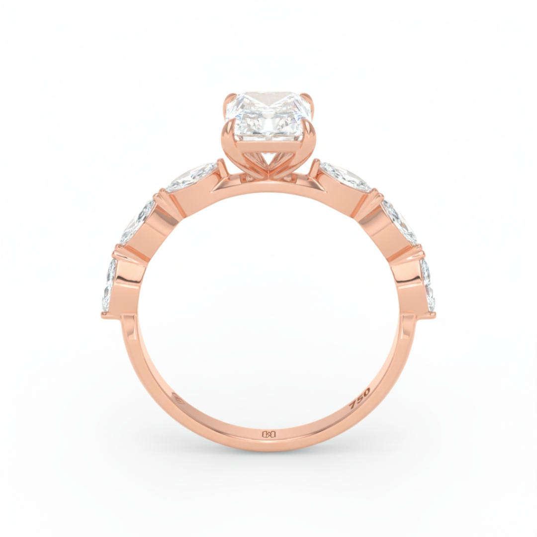 Kasandra Radiant Cut Diamond Engagement Ring With A Marquise Cut Diamond Band