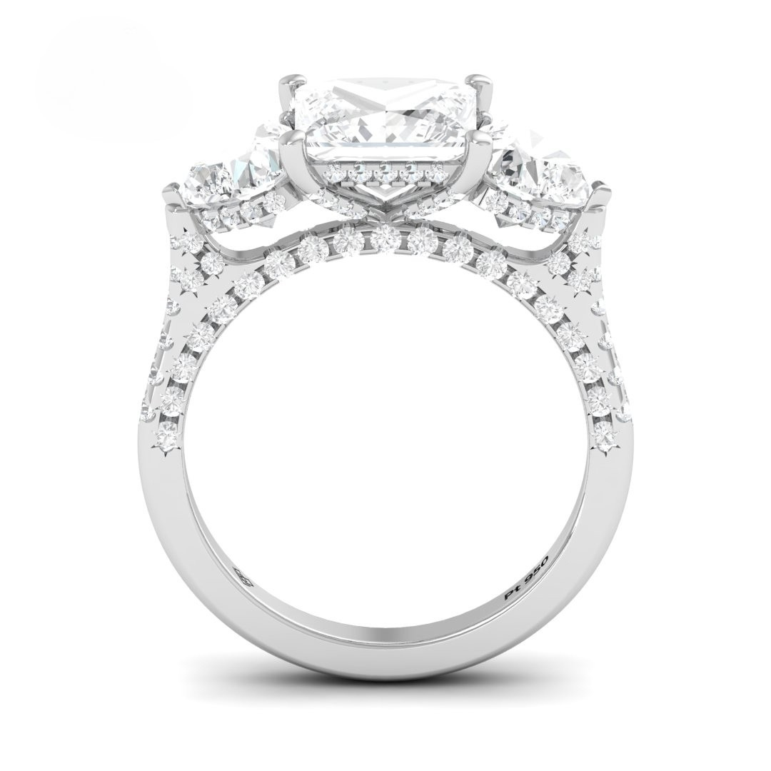 Victoria Princess Cut Diamond Engagement Ring with Heart Cut Side Diamonds and 3D Diamond Band