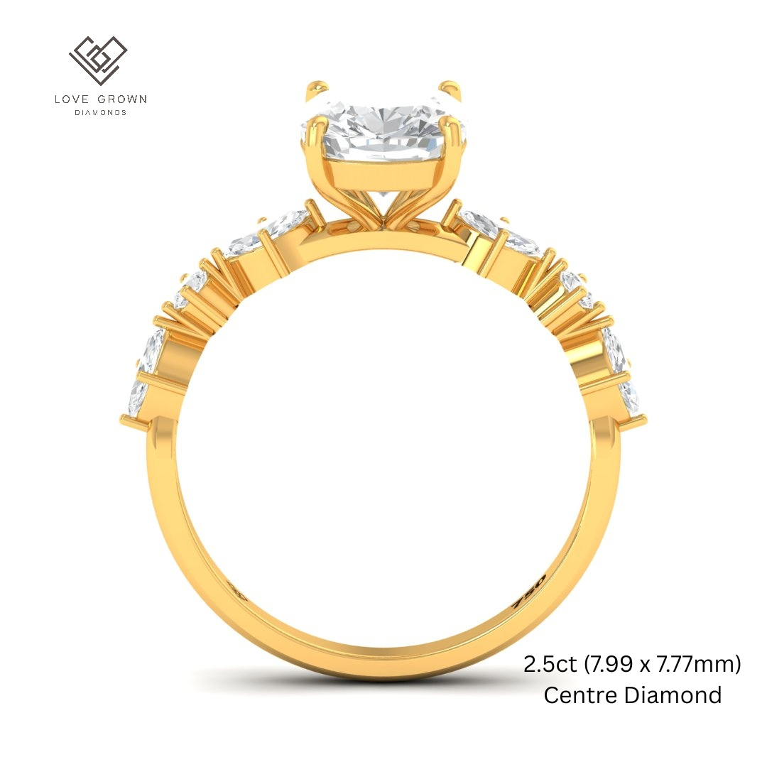 Elizabeth Cushion Diamond Engagement Ring With A Marquise and Round Cut Diamond Band
