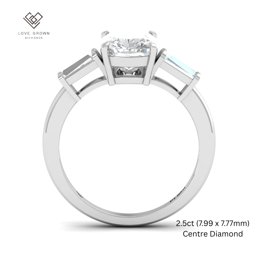 Mary Cushion Cut Diamond Engagement Ring with Tapering Baguette Cut Side Diamonds