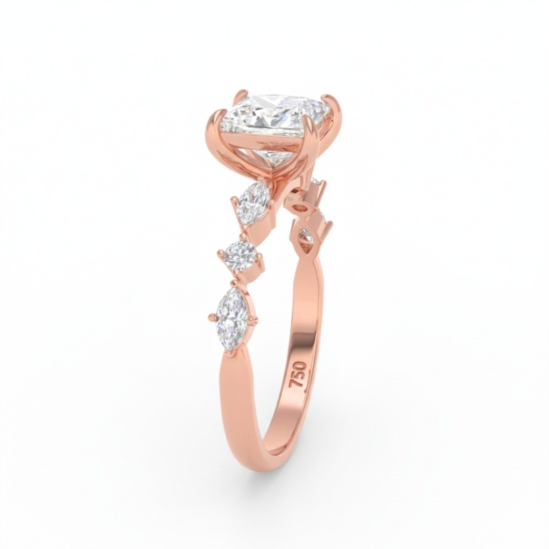 Elizabeth Princess Cut Diamond Engagement Ring With A Marquise and Round Cut Diamond Band