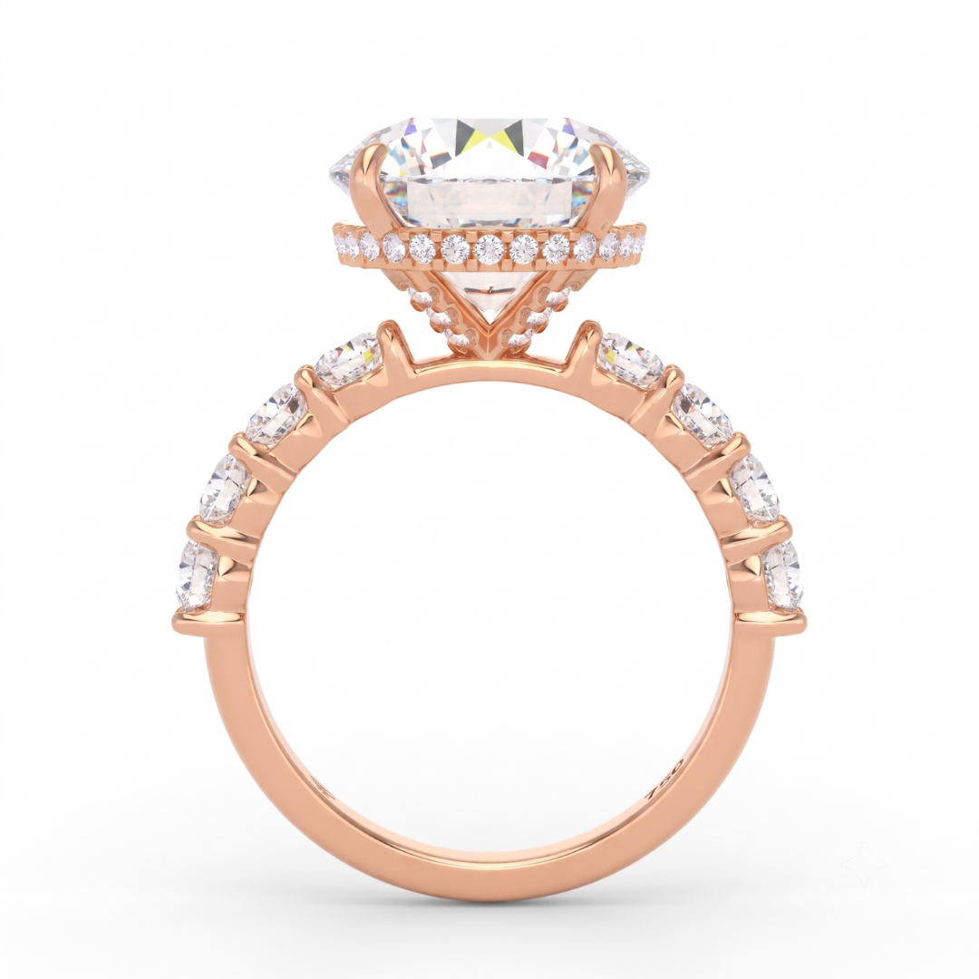 Vivien Round Brilliant Cut Engagement Ring with Round Brilliant Diamond Band and Wrap Around Hidden Halo
