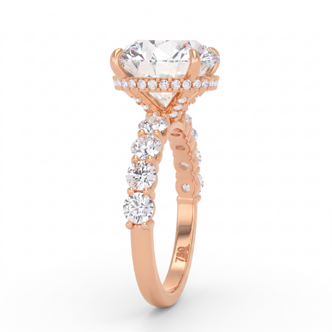 Vivien Round Brilliant Cut Engagement Ring with Round Brilliant Diamond Band and Wrap Around Hidden Halo