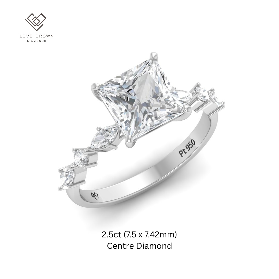 Elizabeth Princess Cut Diamond Engagement Ring With A Marquise and Round Cut Diamond Band