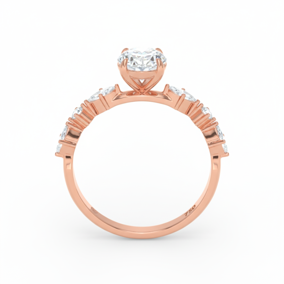 Elizabeth Oval Cut Diamond Engagement Ring With A Marquise And Round Cut Diamond Band.