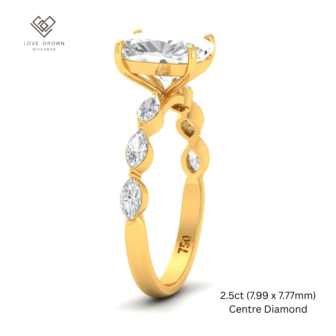 Kasandra Cushion Cut Diamond Engagement Ring With A Marquise Cut Diamond Band