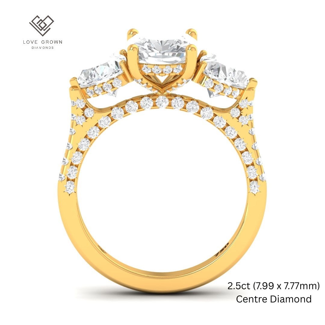 Victoria Cushion Cut Diamond Engagement Ring with Heart Cut Side Diamonds and 3D Diamond Band