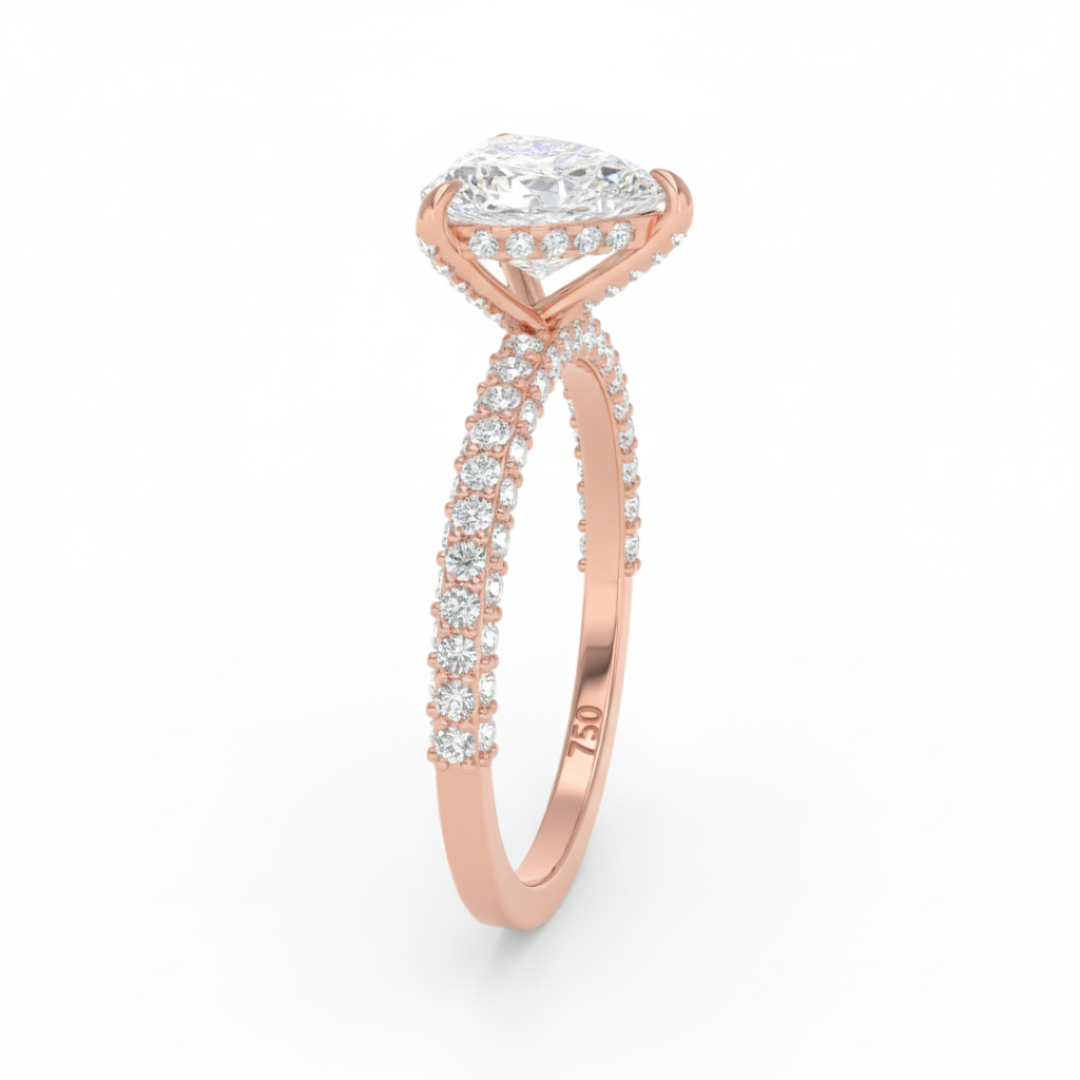 Bague de fiançailles Mia en diamant taille cœur avec halo de diamants cachés et anneau en diamant 3D