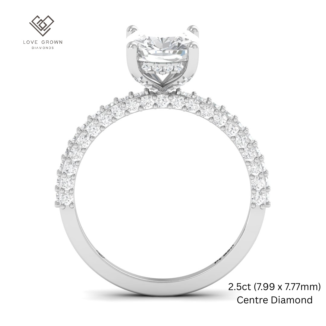 Mia Cushion Cut Diamond Engagement Ring with Diamond Hidden Halo and 3D Diamond Band