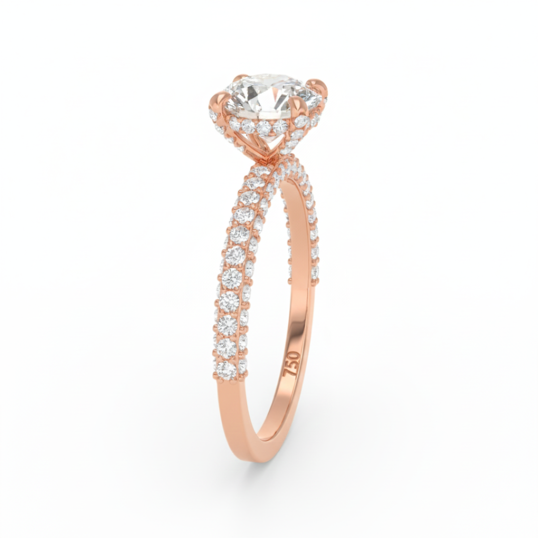 Bague de fiançailles Mia en diamant rond taille brillant avec halo de diamants cachés et anneau en diamant 3D