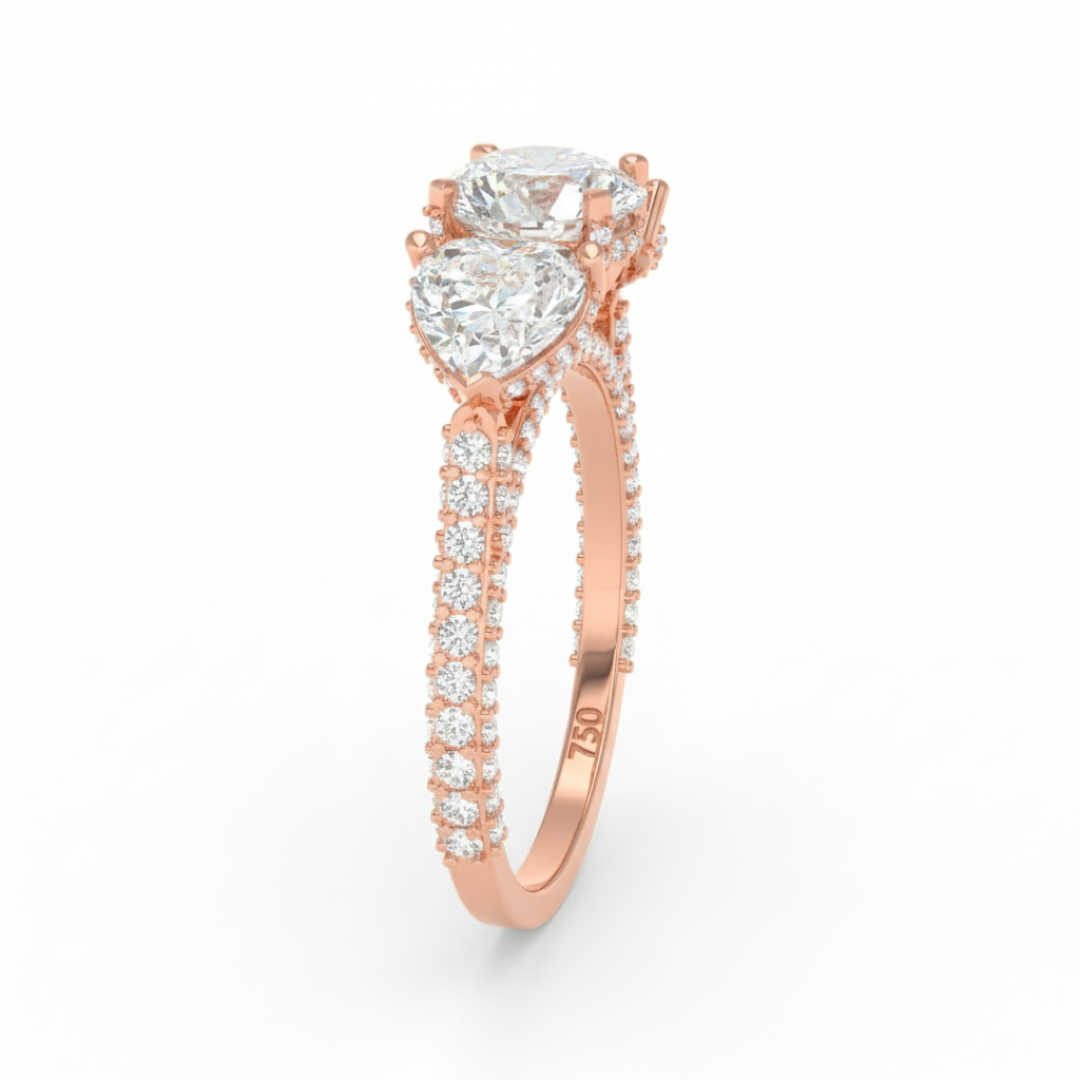 Victoria Round Brilliant Cut Diamond Engagement Ring with Heart Cut Side Diamonds and 3D Diamond Band