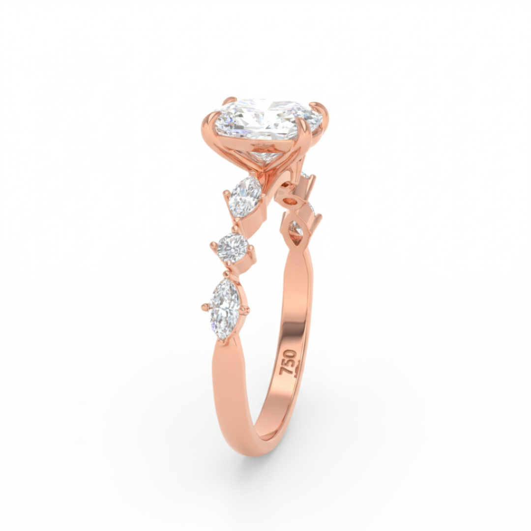 Elizabeth Cushion Diamond Engagement Ring With A Marquise and Round Cut Diamond Band