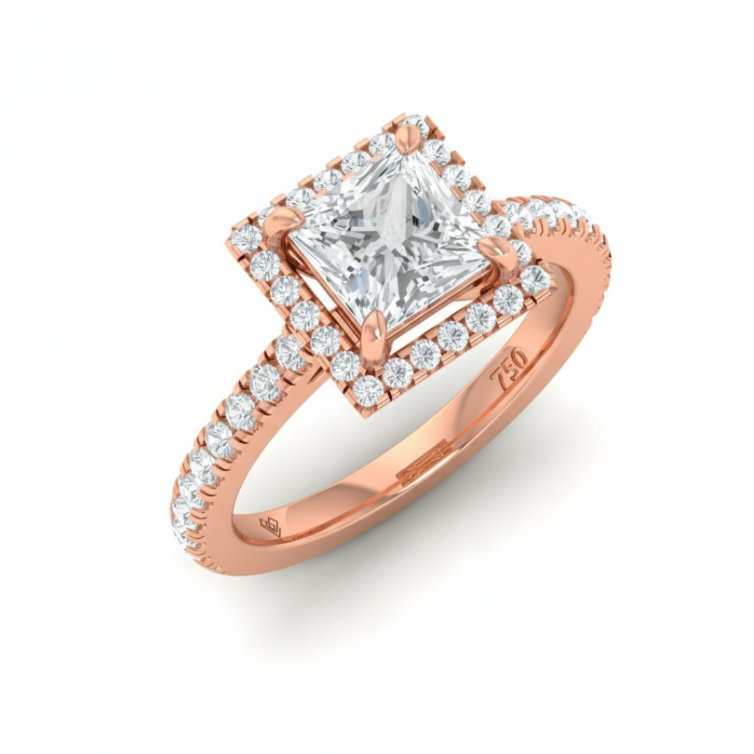 Bella Princess Cut Diamond Engagement Ring with Diamond Halo & Diamond Band