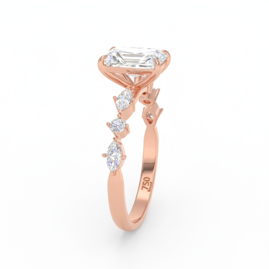 Elizabeth Radiant Cut Diamond Engagement Ring With A Marquise And Round Cut Diamond Band