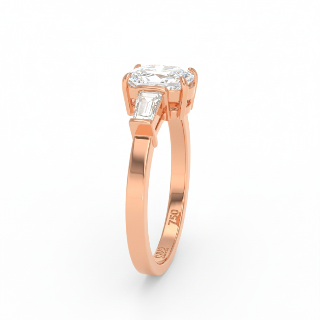 Mary Cushion Cut Diamond Engagement Ring with Tapering Baguette Cut Side Diamonds