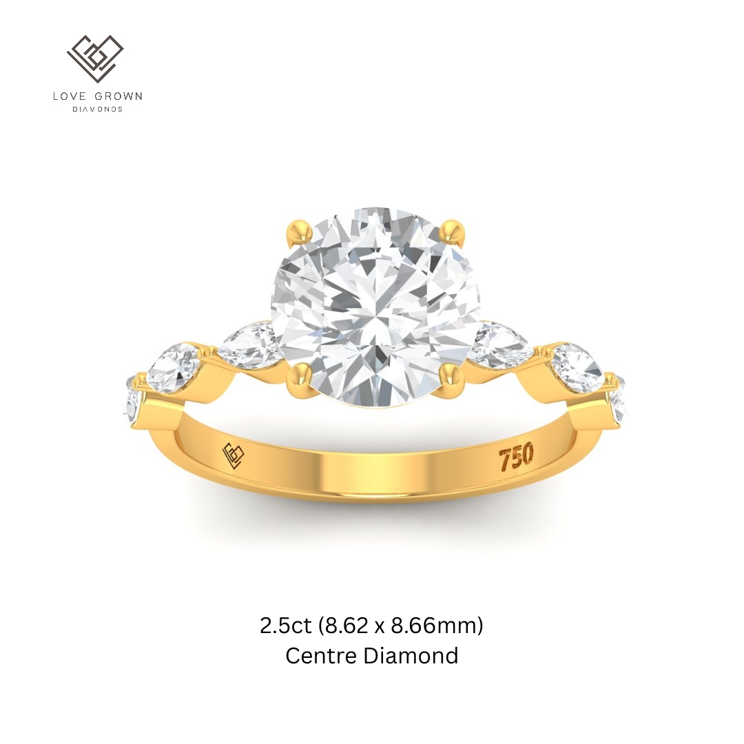 Kasandra Round Brilliant Cut Diamond Engagement Ring With A Marquise Cut Diamond Band