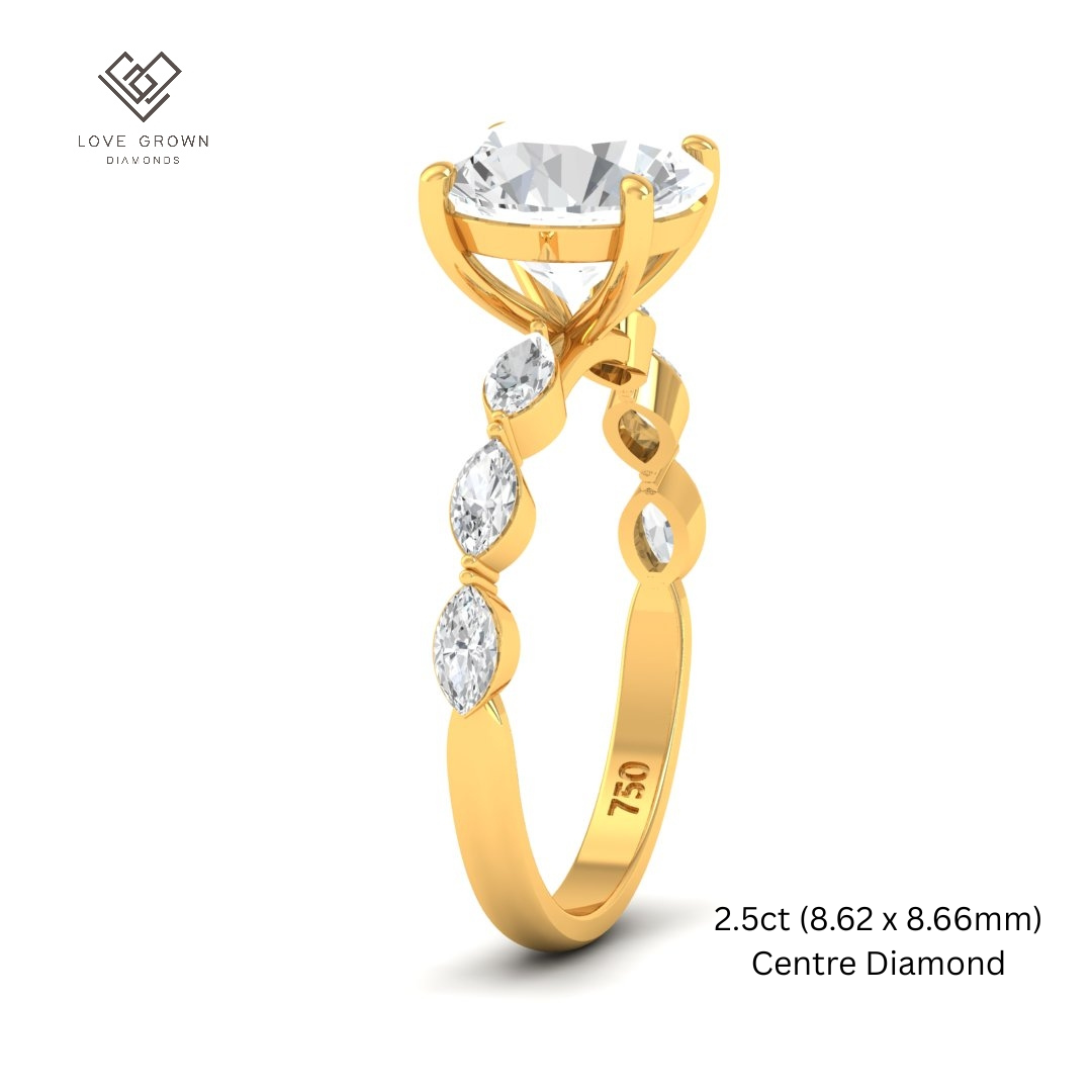 Kasandra Round Brilliant Cut Diamond Engagement Ring With A Marquise Cut Diamond Band