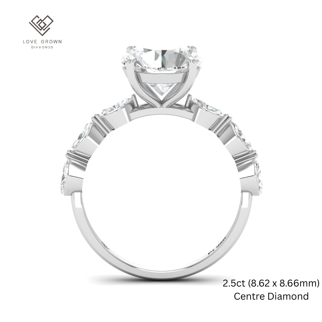Kasandra Round Brilliant Cut Diamond Engagement Ring With A Marquise Cut Diamond Band