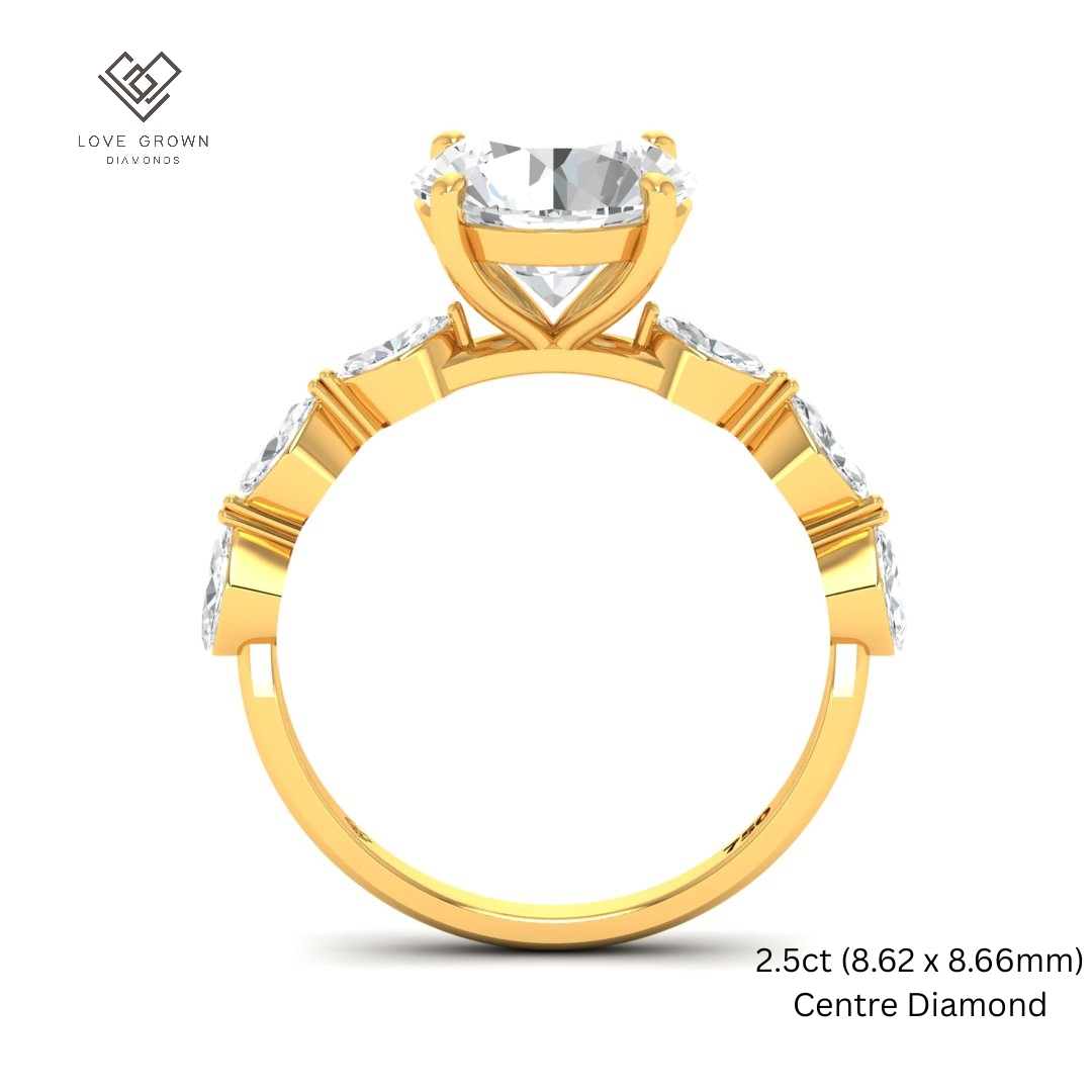 Kasandra Round Brilliant Cut Diamond Engagement Ring With A Marquise Cut Diamond Band