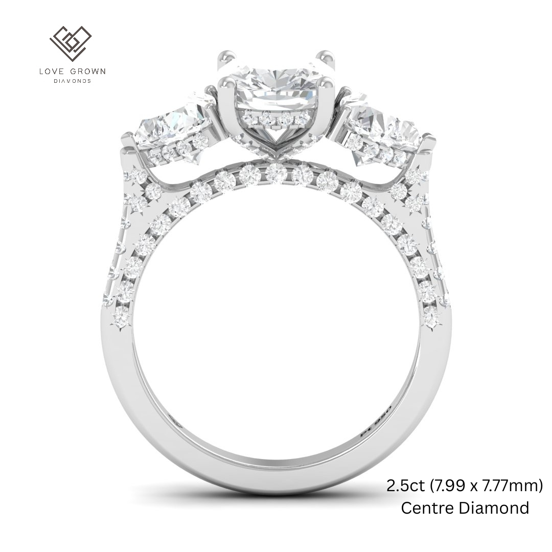 Victoria Cushion Cut Diamond Engagement Ring with Heart Cut Side Diamonds and 3D Diamond Band