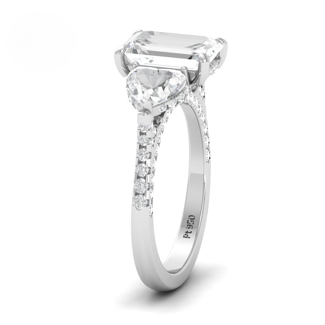 Victoria Emerald Cut Diamond Engagement Ring with Heart Cut Side Diamonds and 3D Diamond Band