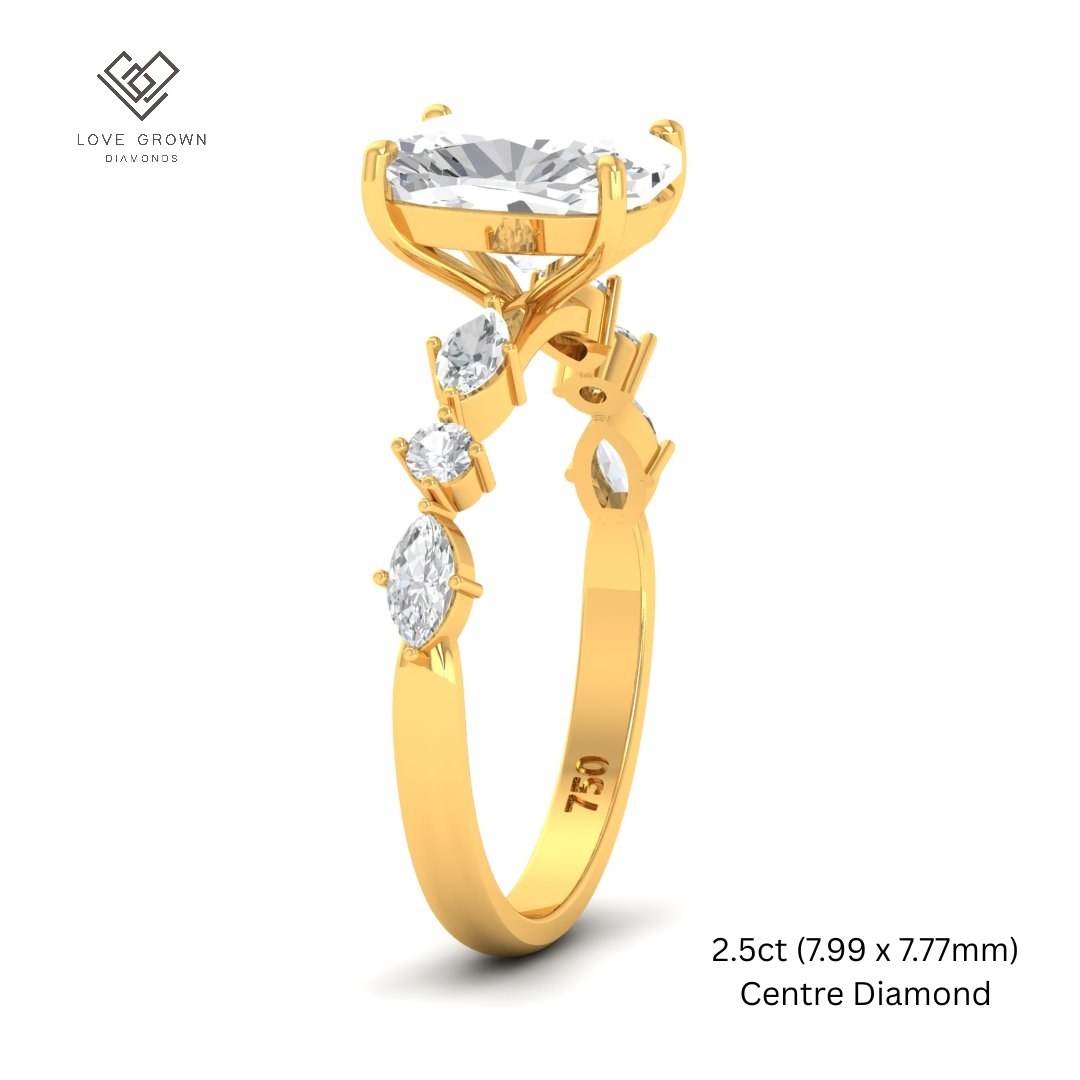 Elizabeth Cushion Diamond Engagement Ring With A Marquise and Round Cut Diamond Band