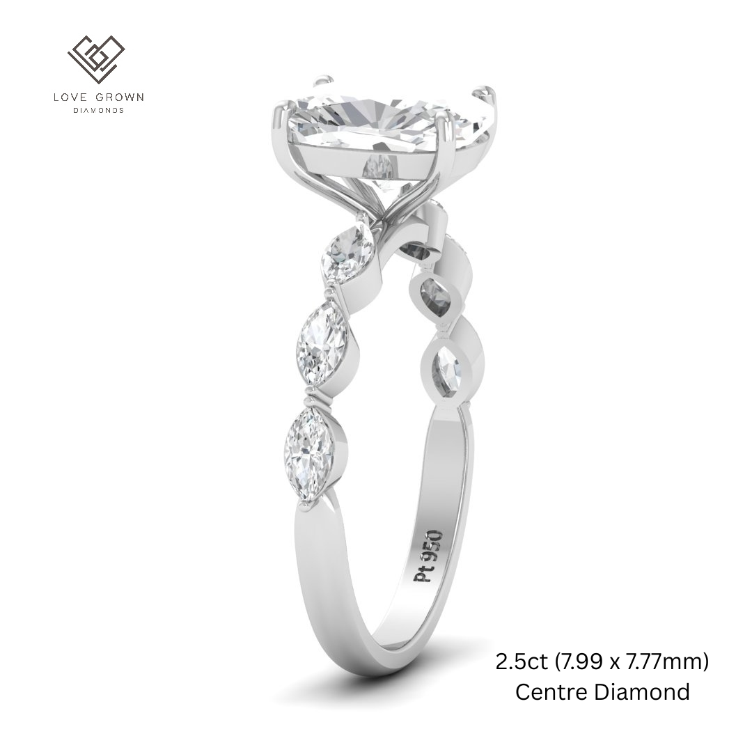 Kasandra Cushion Cut Diamond Engagement Ring With A Marquise Cut Diamond Band