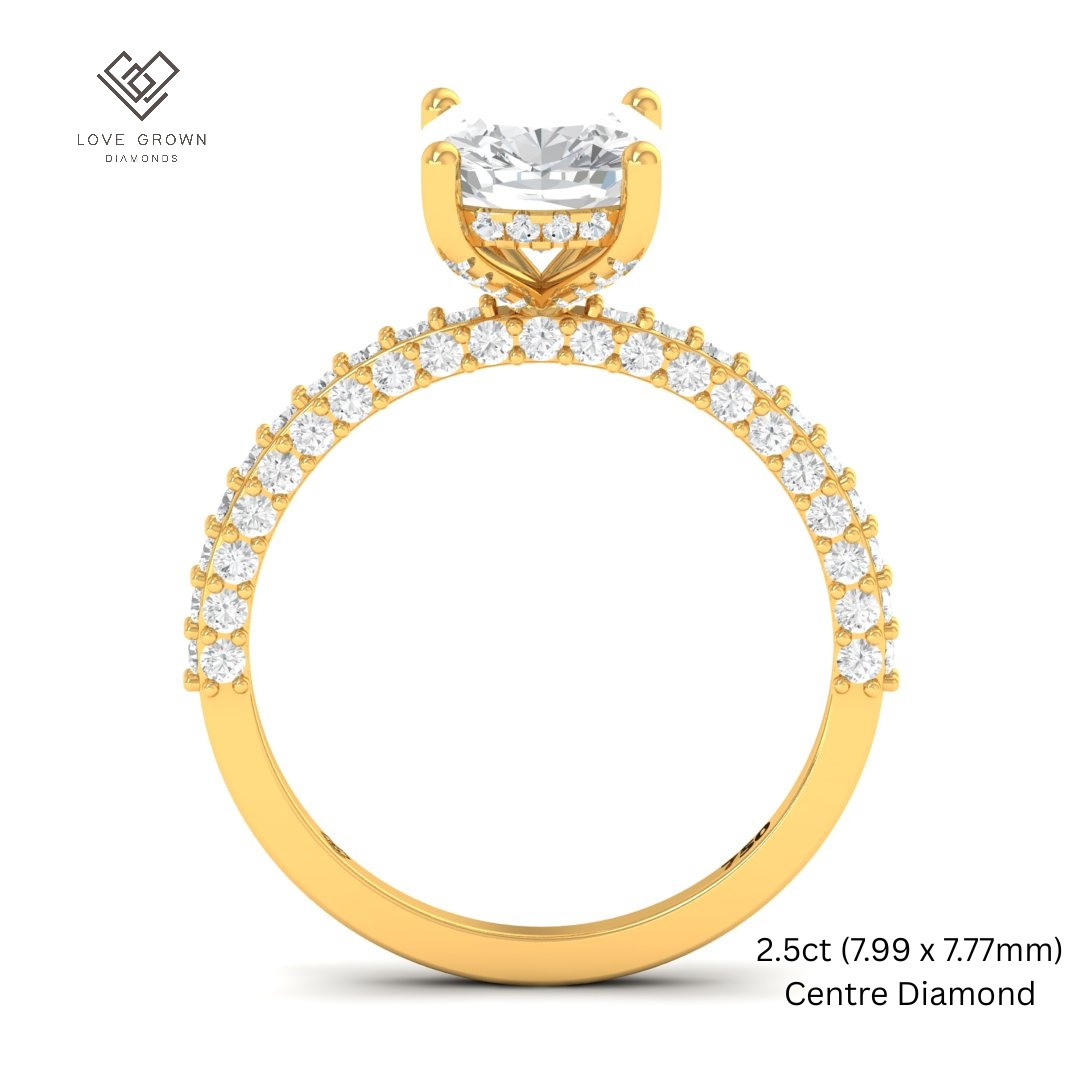 Mia Cushion Cut Diamond Engagement Ring with Diamond Hidden Halo and 3D Diamond Band