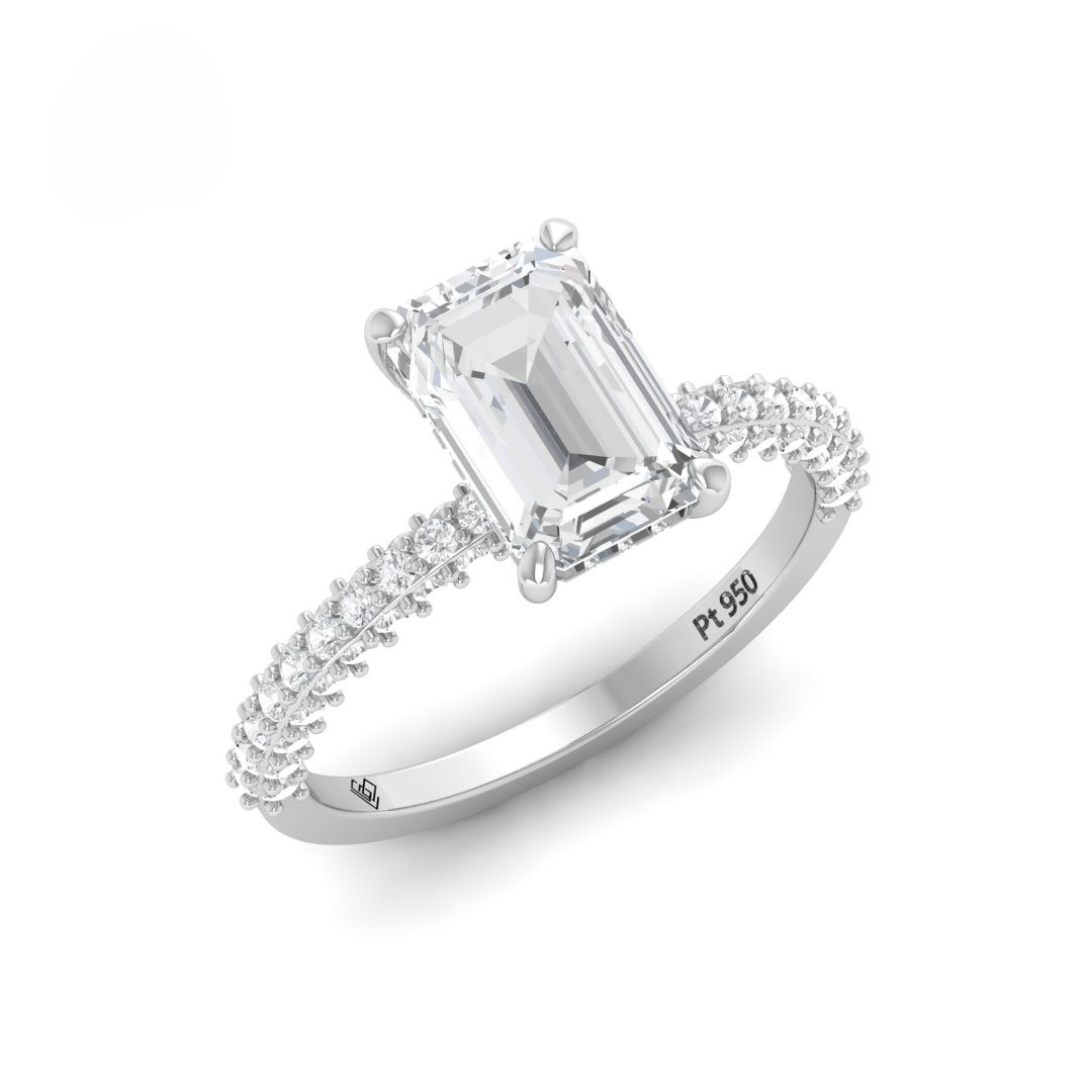 Mia Emerald Cut Diamond Engagement Ring with Diamond Hidden Halo and 3D Diamond Band