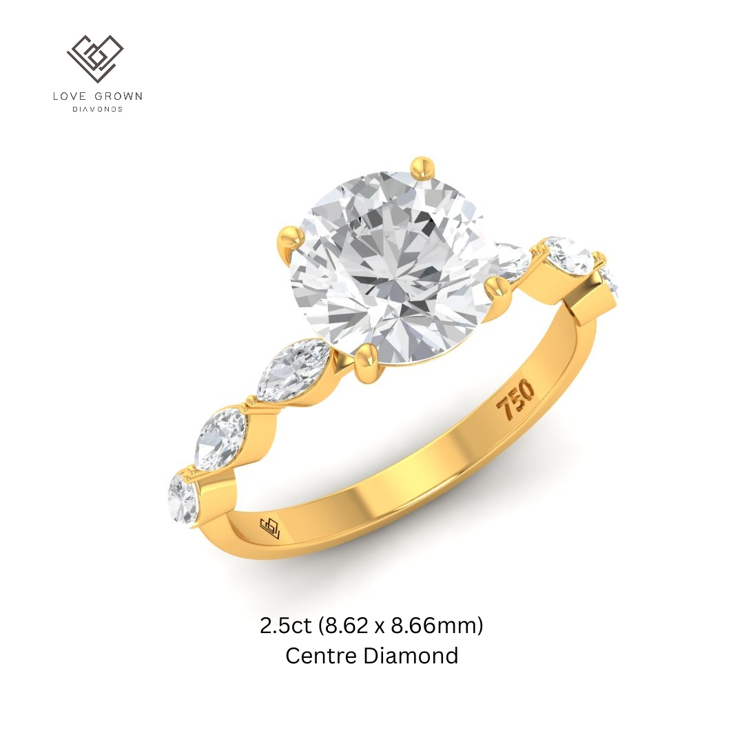 Kasandra Round Brilliant Cut Diamond Engagement Ring With A Marquise Cut Diamond Band