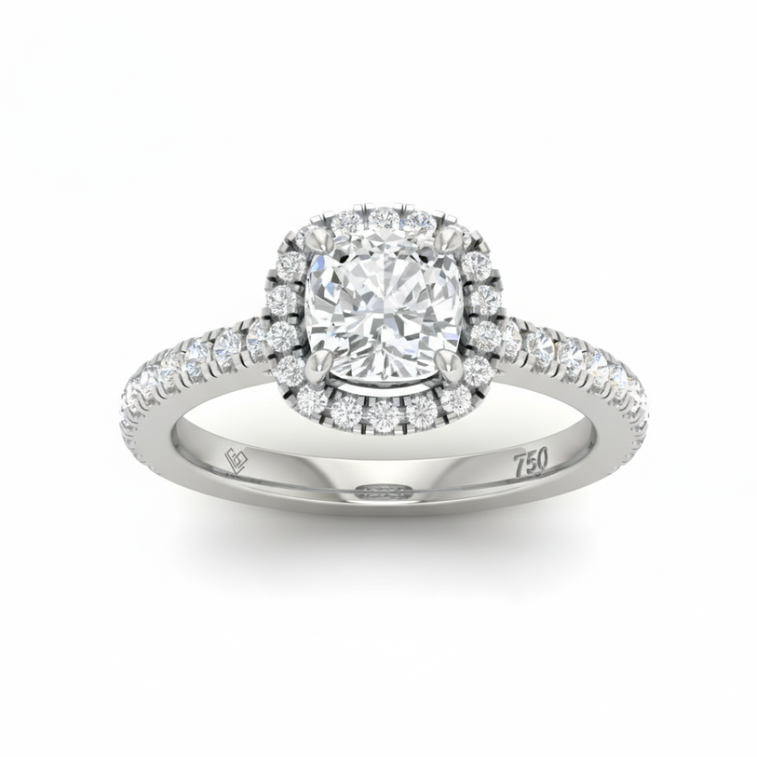 Bella Cushion Cut Diamond Engagement Ring with Diamond Halo & Diamond Band