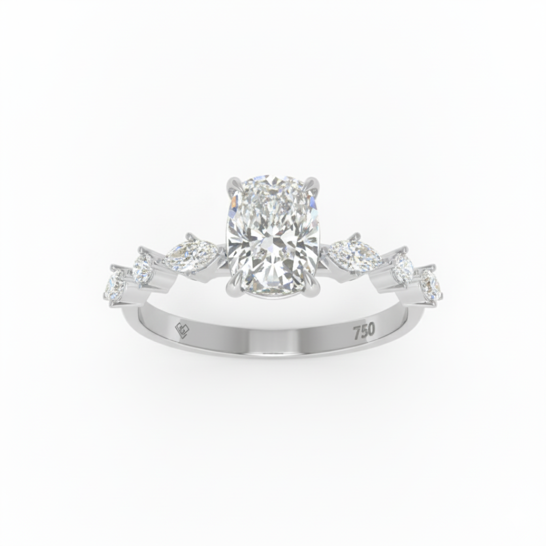 Elizabeth Cushion Diamond Engagement Ring With A Marquise and Round Cut Diamond Band