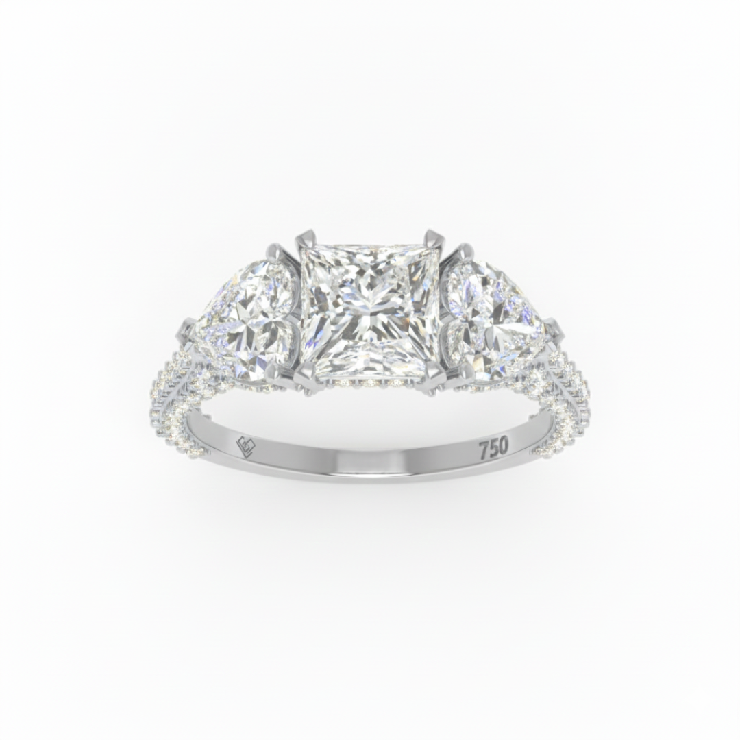 Victoria Princess Cut Diamond Engagement Ring with Heart Cut Side Diamonds and 3D Diamond Band