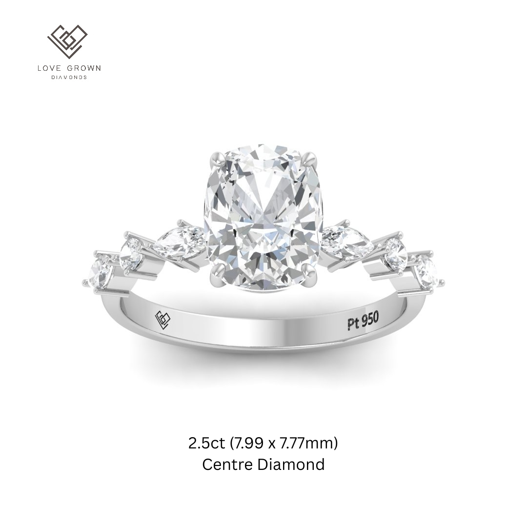 Elizabeth Cushion Diamond Engagement Ring With A Marquise and Round Cut Diamond Band