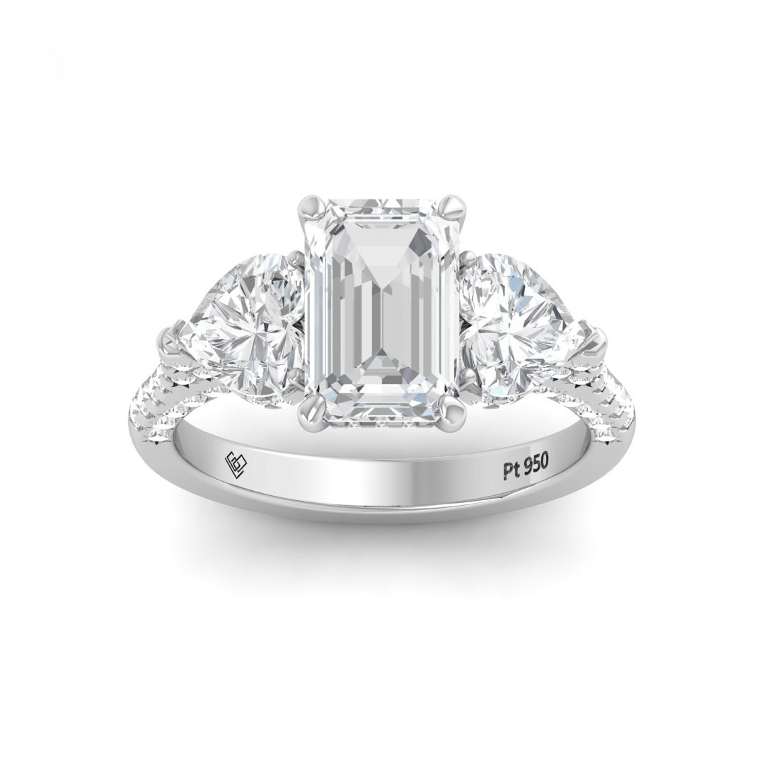 Victoria Emerald Cut Diamond Engagement Ring with Heart Cut Side Diamonds and 3D Diamond Band