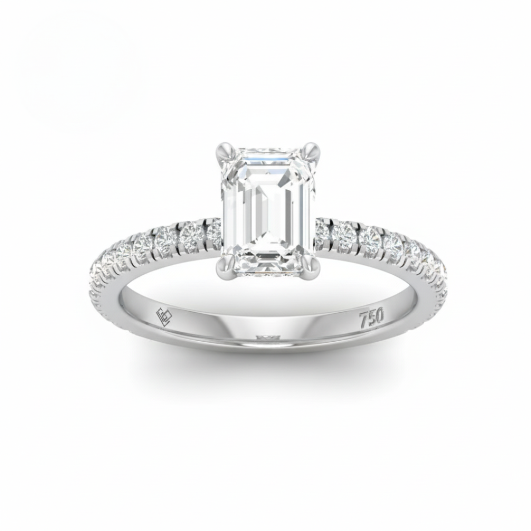 Chloé Emerald Cut Diamond Engagement Ring with Diamond Hidden Halo and Diamond Band