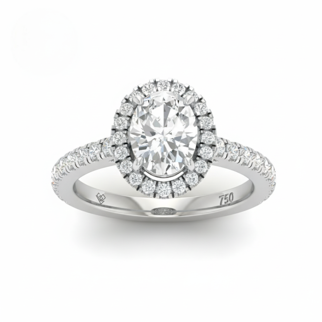 Bella Oval Cut Diamond Engagement Ring with Diamond Halo & Diamond Band