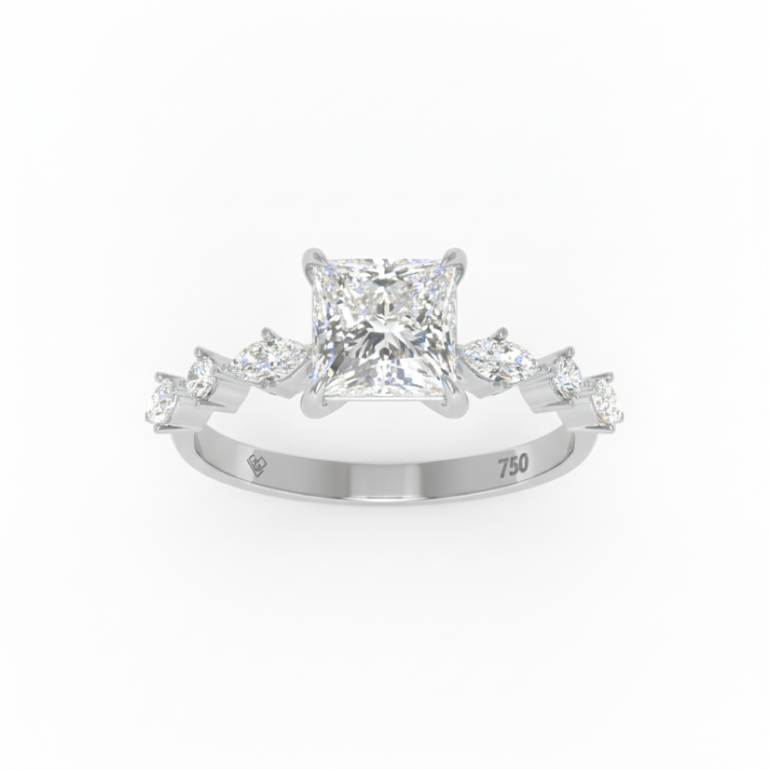 Elizabeth Princess Cut Diamond Engagement Ring With A Marquise and Round Cut Diamond Band