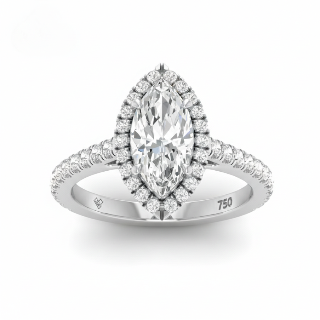 Bella Marquise Cut Diamond Engagement Ring with Diamond Halo & Diamond Band
