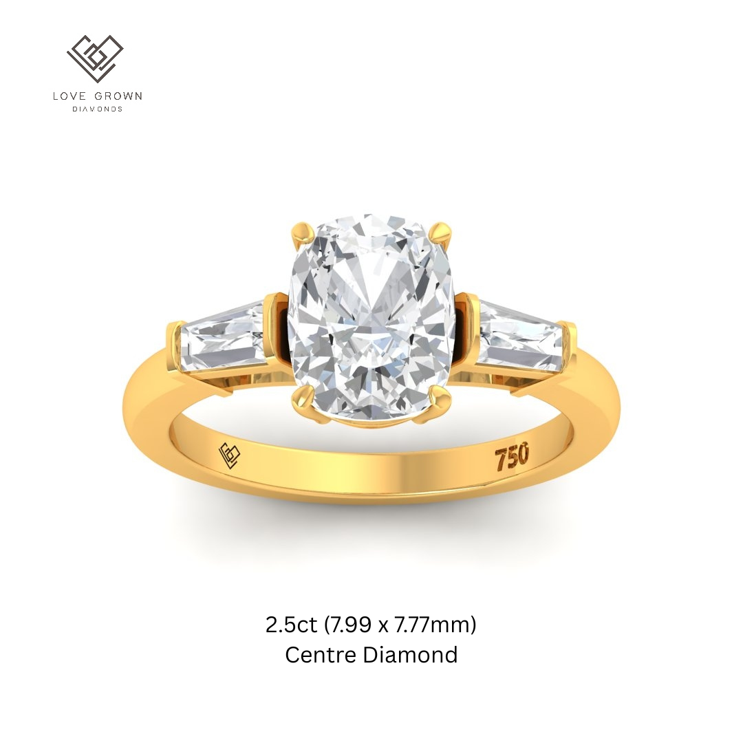 Mary Cushion Cut Diamond Engagement Ring with Tapering Baguette Cut Side Diamonds