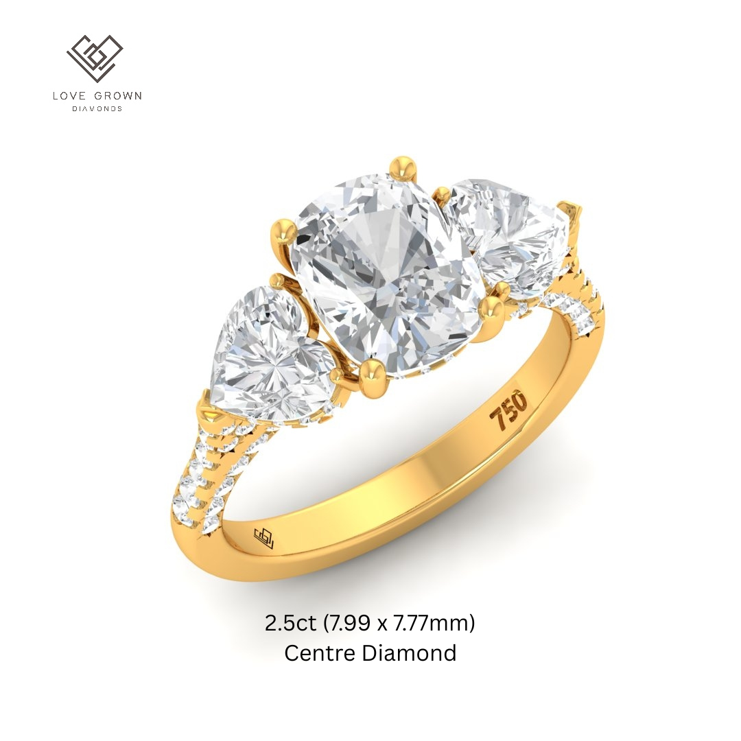 Victoria Cushion Cut Diamond Engagement Ring with Heart Cut Side Diamonds and 3D Diamond Band
