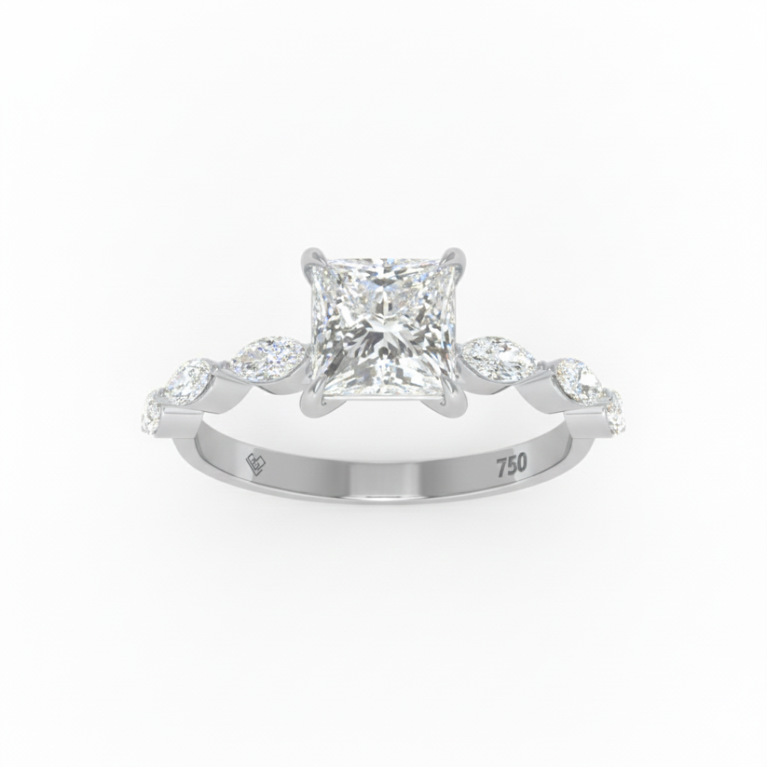 Kasandra Princess Cut Diamond Engagement Ring With A Marquise Cut and Diamond Band